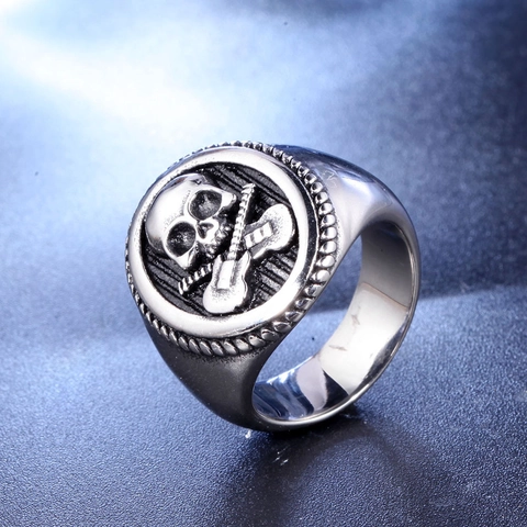 Anillo Vintage de Acero Inoxidable Calavera Guitarra para Hombre Punk Rock Gótico Biker Anillo de Sello Color Plata Joyería Regalo