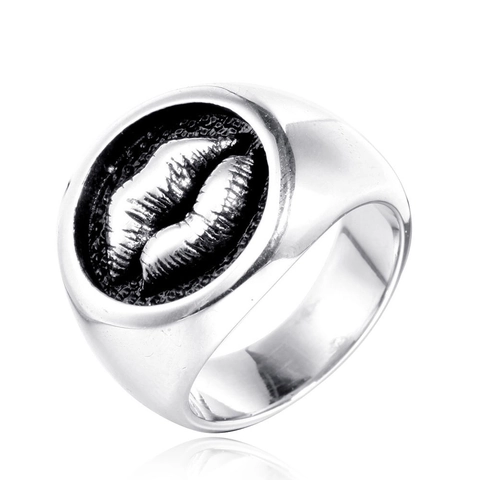Anillo de Sello con Relieve de Labios de Acero de Titanio para Hombre Mujer Estilo Hip Hop Punk Color Plata Joyería Unisex Regalo