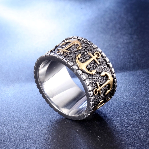 Retro Punk Roestvrijstalen Anker Ring Voor Heren Nautisch Verweerd Tweekleurig Goud Zilver Band Sieraden Cadeau