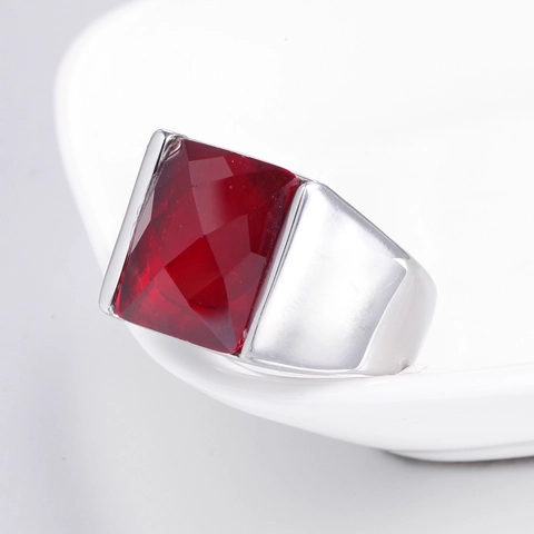 Anillo de Acero Inoxidable Vintage Con Diamante de Imitación Rojo Rectangular Banda Ancha Joyería Punk para Hombre Mujer