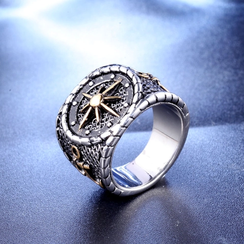Anello a Stella Bussola Ancora in Acciaio al Titanio Vintage per Uomo Retro Nautico Punk Vichingo Bicolore Gioielli da Dito Regalo