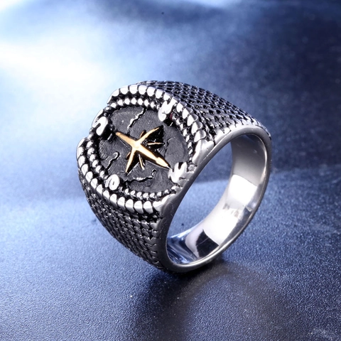 Vintage Men Compass Ring Titanium Steel North Star Nautical Biker Band Ring Two-tone Punk Gothic Maritime Jewelry