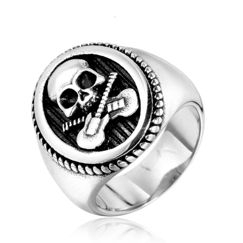 Anillo Vintage de Acero Inoxidable Calavera Guitarra para Hombre Punk Rock Gótico Biker Anillo de Sello Color Plata Joyería Regalo