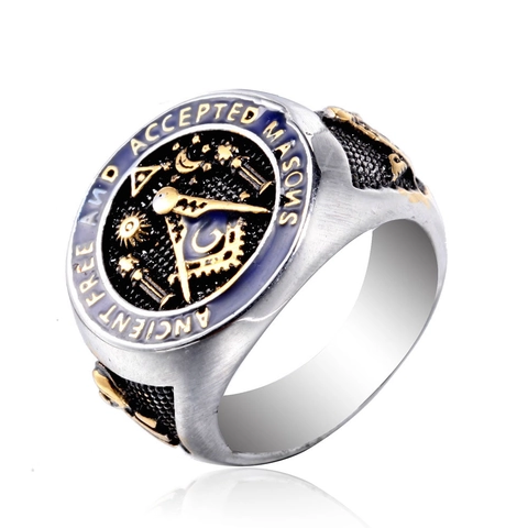 Anello con Sigillo da Uomo in Acciaio Inossidabile al Titanio Massonico Retro Ancient Free And Accepted Masons Gioielli