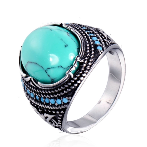 Anello in Acciaio Inossidabile Uomo Vintage Punk Con Turchese Artificiale Finitura Ossidata Retro Stile Etnico Boemo Anello Geometrico
