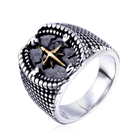 Vintage Men Compass Ring Titanium Steel North Star Nautical Biker Band Ring Two-tone Punk Gothic Maritime Jewelry
