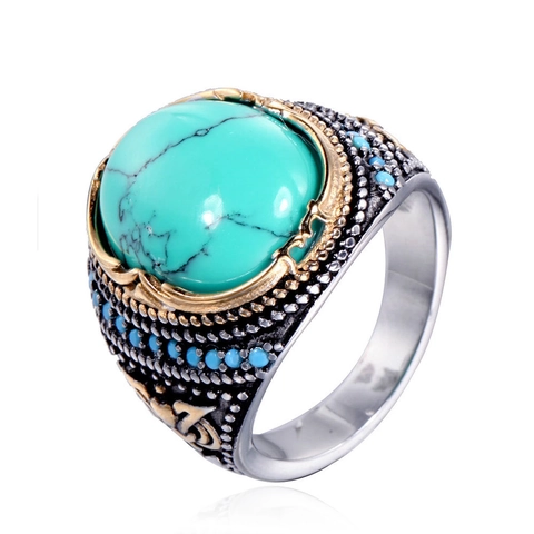Anello in Acciaio Inossidabile Uomo Vintage Punk Con Turchese Artificiale Finitura Ossidata Retro Stile Etnico Boemo Anello Geometrico