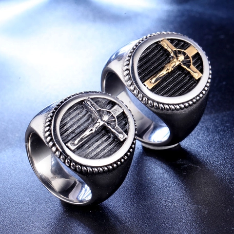 Anello Croce Gesù Cristo in Acciaio al Titanio Vintage per Uomo Bicolore Argento Oro Gioielli Religiosi Retro Anello a Fascia