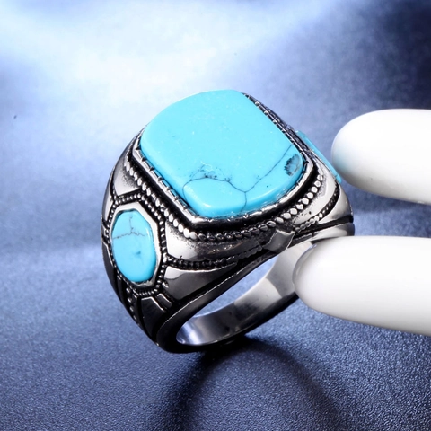 Vintage Stainless Steel Mens Ring With Turquoise Inlay Retro Distressed Ethnic Style Bohemian Fashion Signet Jewelry Ring