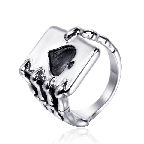 Vintage Stainless Steel Punk Ring For Men Gothic Ace Of Spades Skeleton Hand Claw Poker Biker Ring Retro Silver Jewelry