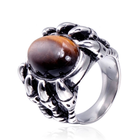 Vintage Stainless Steel Dragon Claw Ring For Men Punk Gothic Tiger Eye Black Agate Inlaid Statement Finger Ring Jewelry