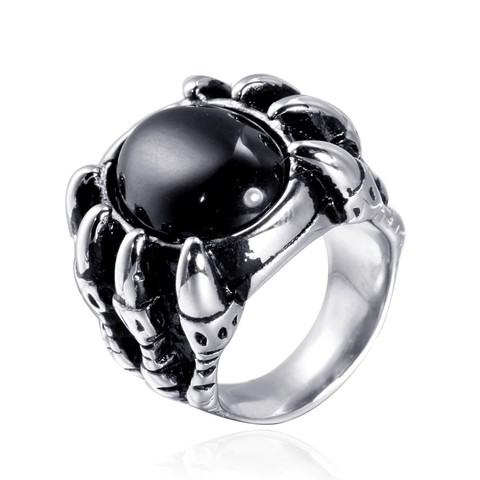 Vintage Stainless Steel Dragon Claw Ring For Men Punk Gothic Tiger Eye Black Agate Inlaid Statement Finger Ring Jewelry