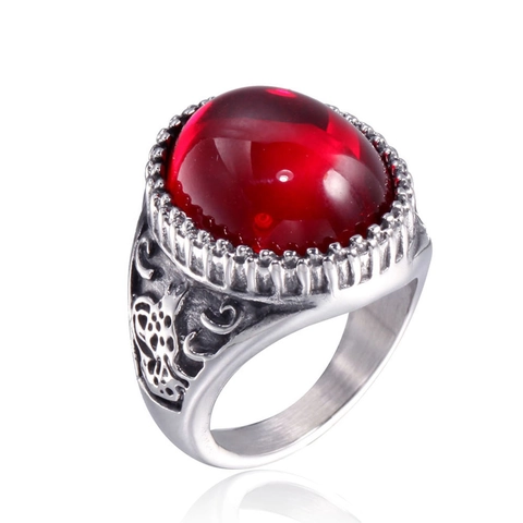 Vintage Stainless Steel Relief Ring For Men Oval Rhinestone Domineering Geometric Finger Ring Retro Punk Fashion Jewelry Gift