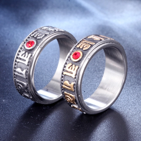 Anello Girevole in Acciaio Inossidabile per Uomo Donna Mantra Buddista dei Sei Caratteri Anello a Fascia Ruotabile con Strass Rosso
