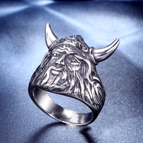 Anillo de Acero Inoxidable de Guerrero Vikingo Vintage para Hombre Pirata Nórdico Casco con Cuernos Guerrero Barbudo Punk Gótico Joyería Biker