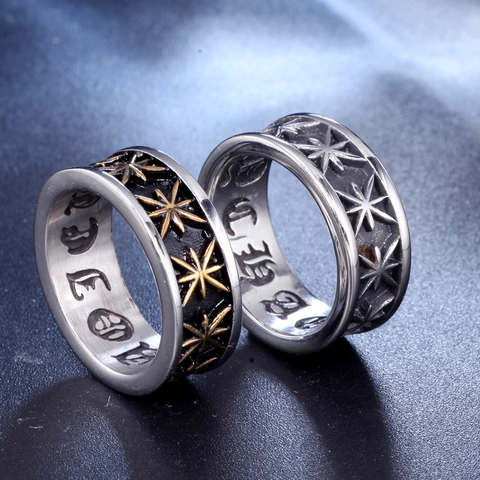Anillo de Acero de Titanio Gótico Retro Con Estrella y Cruz para Hombre Mujer Anillo de Banda Punk Vintage en Relieve Joyería