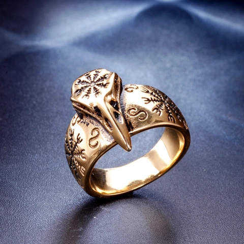 Viking Bird Skull Ring For Men Stainless Steel Gold Plated Gothic Punk Rock Biker Nordic Vegvisir Compass Signet Ring Jewelry