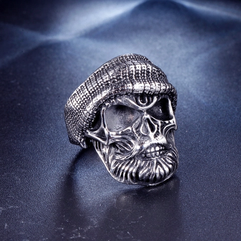 Anello da Uomo in Acciaio al Titanio Vintage con Teschio Berretto e Barba Gothic Punk Biker Anello Hip Hop Gioielli Uomo