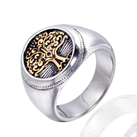 Anillo de Sello Árbol de la Vida de Acero Inoxidable Vintage para Hombre Mujer Anillo Redondo en Relieve Joyería de Moda