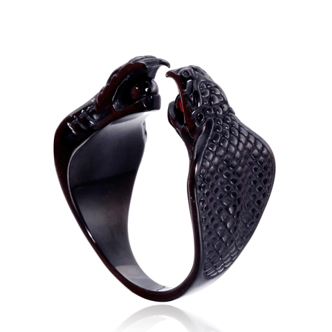 Titanium Steel Double Headed Snake Open Ring For Men Gothic Punk Vintage Rhinestone Cobra Scale Textured Jewelry Statement Ring