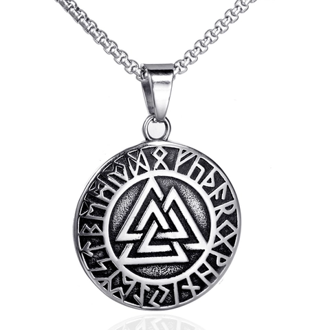 Colgante Valknut Vikingo de Acero Inoxidable Collar Medalla Redonda Rúnica Nórdica para Hombre Retro Mitología Solo Colgante