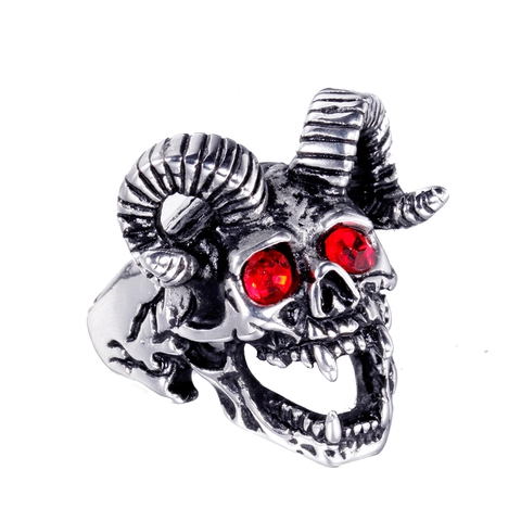 Punk Satan Goat Head Skull Ring For Men Stainless Steel Gothic Rock Biker Ring With Red Black Cubic Zirconia Eyes Vintage Jewelry Gift
