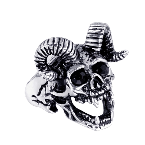 Anello Teschio Corno di Ariete in Acciaio Inossidabile Gotico Vintage per Uomo Gioielli Punk Rock Biker Con Strass