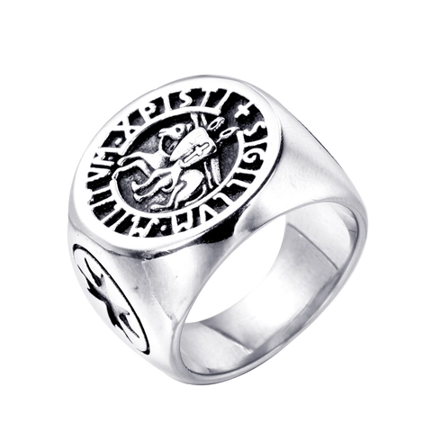 Anillo de Sello de los Caballeros Templarios de Acero Inoxidable para Hombre Inscripción Latina Retro Cruz Joyas Biker Religiosas