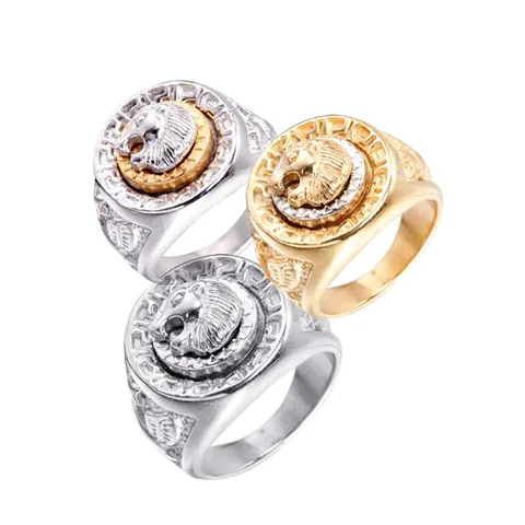Men Stainless Steel Lion Head Ring Hip Hop Punk 3D Relief Greek Key Meander Pattern Two Tone Gold Silver Plated Finger Ring