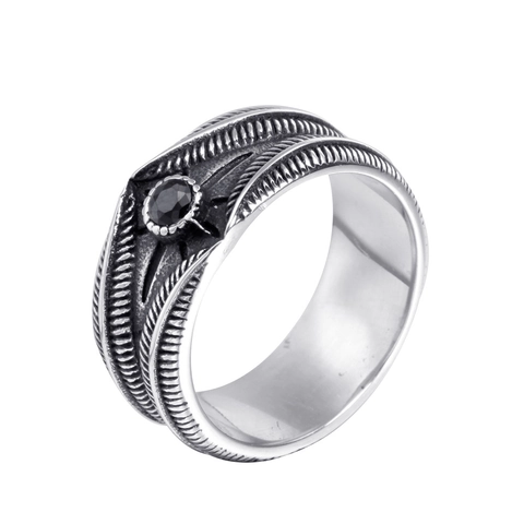Anillo de Acero Inoxidable con Pluma Vintage Étnico Turquesa Rojo Negro Diamante de Imitación Incrustado Gothic Punk Joyería