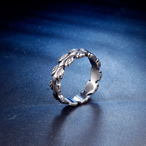 Anillo de Acero Inoxidable Vintage con Forma de Hoja y Pluma para Hombre Mujer Retro Textura de Rama de Olivo Joyería de Moda