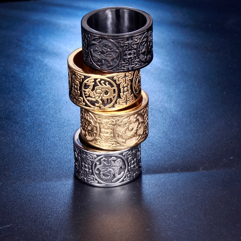 Anello Vintage in Acciaio Inossidabile con Rilievo a Drago per Uomo Punk Bestia Mitica Anello a Fascia Goffrato Gioielli Retro