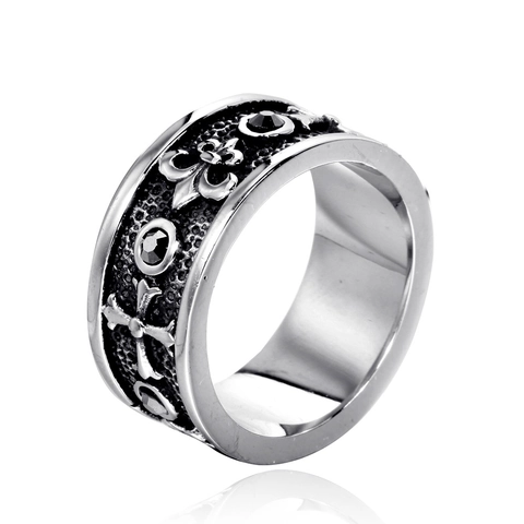 Anillo Gótico de Acero Inoxidable con Cruz Flor de Lis para Hombre Vintage Punk Desgastado Estrás Negro Joyería