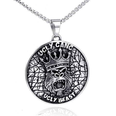 Colgante Hip Hop de Acero Inoxidable 316 Redondo Gorila Corona en Relieve Para Hombre Vintage Punk Ugly Gang Beast Solo Colgante