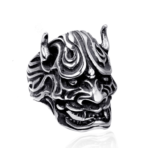 Anillo de Acero de Titanio de Máscara de Hannya Gótica Vintage para Hombre Retro Punk Rock Fantasma Calavera Pulido Joyería de Anillo