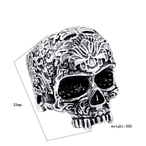 Anello con Teschio in Acciaio Inossidabile da Uomo Vintage Gothic Punk Rock Biker Gioielli Scolpito Floreale Anello Unisex Regalo