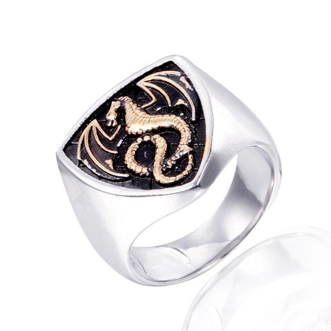 Anillo de Acero Inoxidable 316L Vintage para Hombre Escudo Gótico Relieve Dragón Occidental Anillo de Sello Punk Hip Hop Joyería Biker