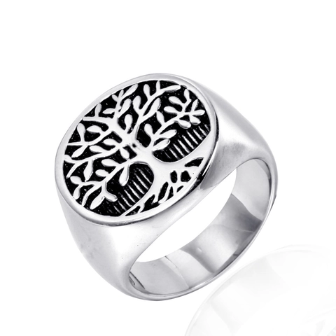 Anillo de Acero Inoxidable Árbol de la Vida Vintage para Hombres Mujeres Anillo de Sello Grabado Retro Punk Biker Joyería