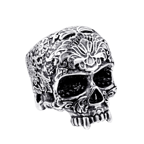Anello con Teschio in Acciaio Inossidabile da Uomo Vintage Gothic Punk Rock Biker Gioielli Scolpito Floreale Anello Unisex Regalo