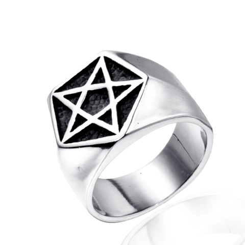 Anello Pentagramma in Acciaio Inossidabile Vintage Uomo Gothic Punk Esagono Scudo Anello con Sigillo Gioielli Geometrici Regalo