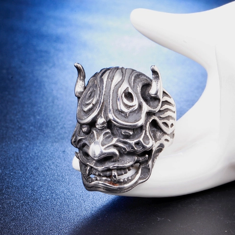 Anillo de Acero de Titanio de Máscara de Hannya Gótica Vintage para Hombre Retro Punk Rock Fantasma Calavera Pulido Joyería de Anillo