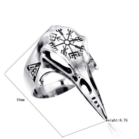 Vintage Wikinger Vogelschädel Ring Edelstahl Nordischer Kompass Valknut Gothic Punk Herren Biker Fingerring Schmuck