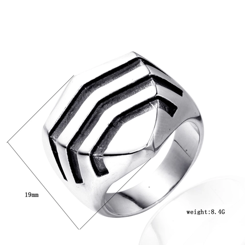 Vintage Stainless Steel Geometric Shield Ring For Men Punk Industrial Style Hexagon V-Shaped Line Band Biker Jewelry