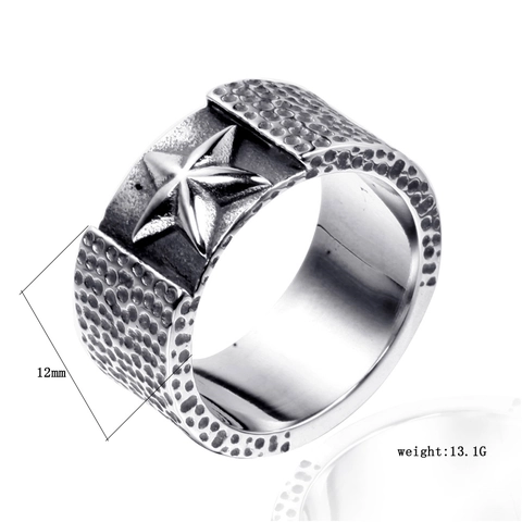 Retro Roestvrij Stalen Ster Ring Voor Mannen Vrouwen Punk Gehamerde Textuur Pentagram Brede Bandring Vintage Biker Sieraden