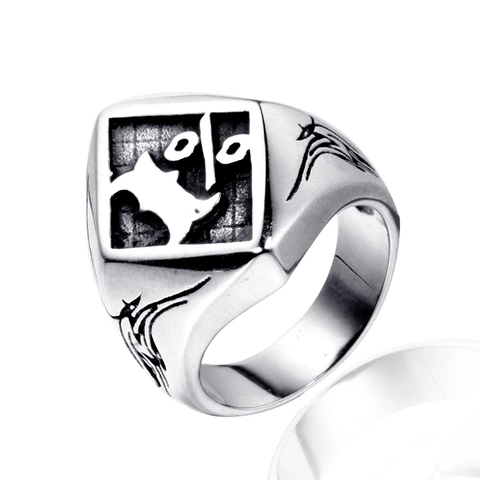 Retro Men Stainless Steel Signet Ring One Percent Symbol Embossed Square Face Flame Pattern Biker Punk Fashion Jewelry