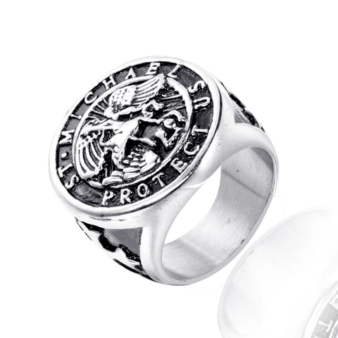 Vintage Stainless Steel St Michael Archangel Signet Ring For Men Women Religious Cross Angel Relief Two Tone Protector Jewelry Ring