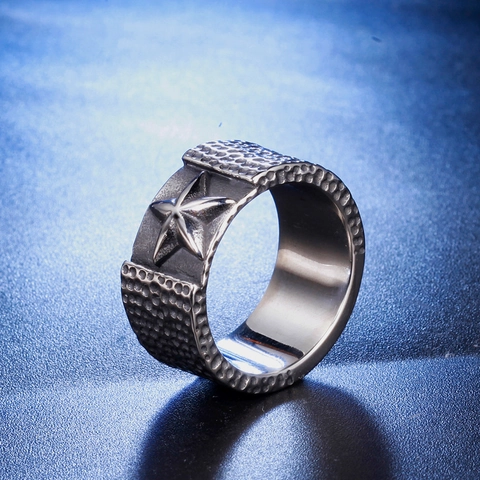 Retro Roestvrij Stalen Ster Ring Voor Mannen Vrouwen Punk Gehamerde Textuur Pentagram Brede Bandring Vintage Biker Sieraden