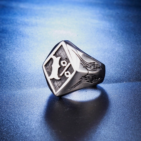 Retro Men Stainless Steel Signet Ring One Percent Symbol Embossed Square Face Flame Pattern Biker Punk Fashion Jewelry