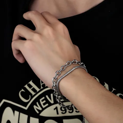 Bracciale Doppio Strato Avvolgente in Acciaio al Titanio Hip Hop Uomo Donna Catena a Serpente Argento Gioielli Moda Versatili