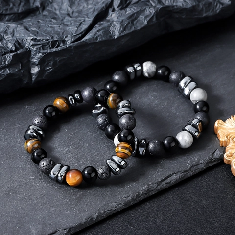 Natural Tiger Eye Obsidian Lava Stone Beaded Bracelet Fashion Trendy Handmade Elastic Rope Jewelry For Men Women Daily Gift